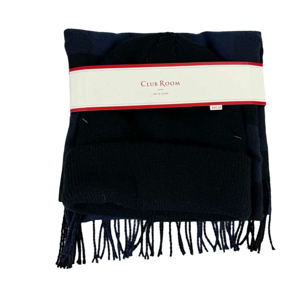 Club Room Mens Knit Plaid Set Beanie & Scarf Set Navy Black OS